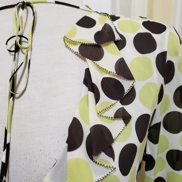 Tahari • Polka-Dot Blouse • Citron and Brown • Ruffles & Dots • Size 10 - Picture 2 of 6